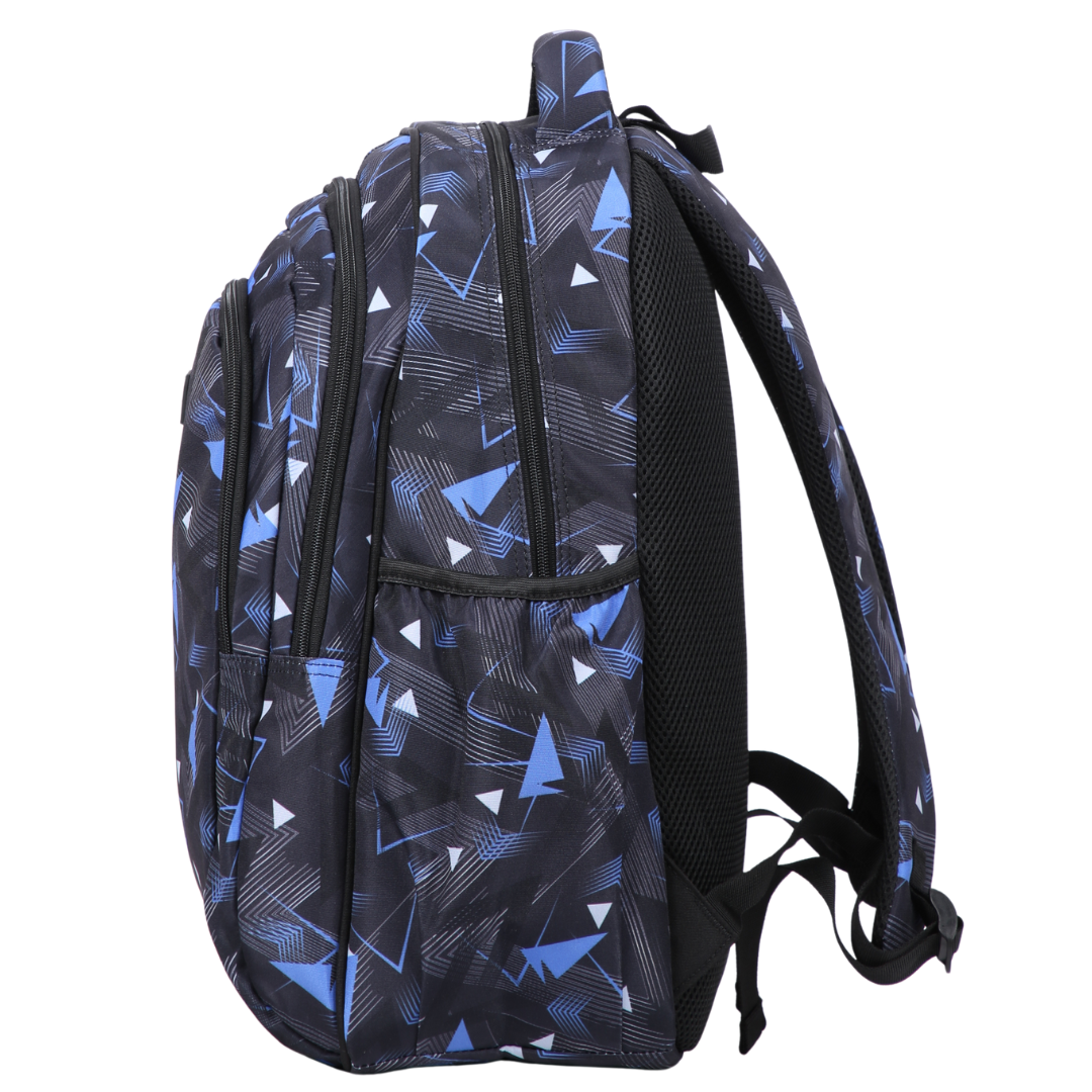 Side view of Blue Geometric Abstract Large School Backpack. Deep side pockets and multiple carry handles