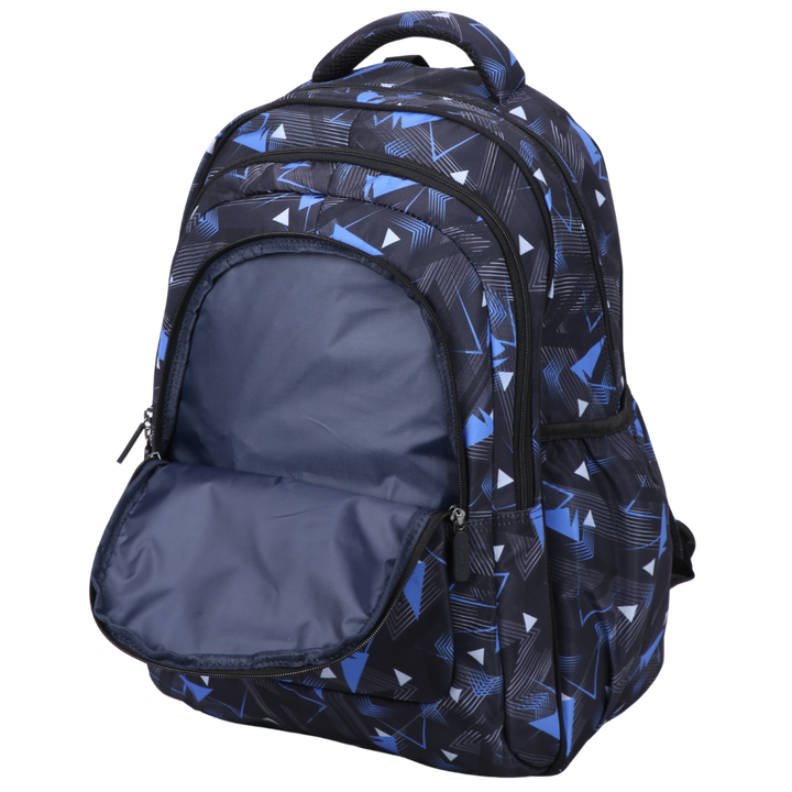 Close-up of inside of the Blue Geometric Abstract Large School Backpack. Easy clean waterproof lining and durable fabric