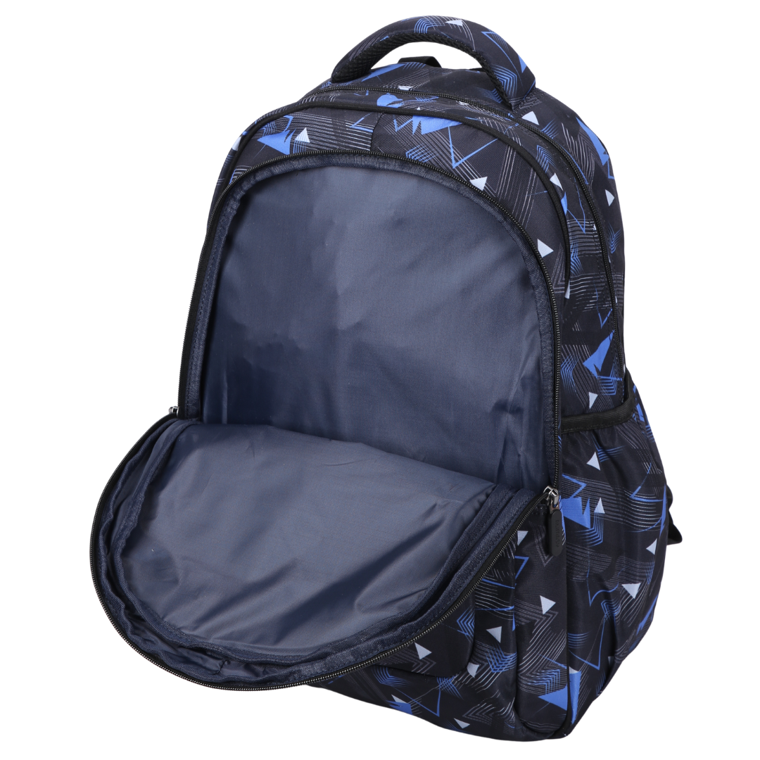 Inside Close-up of Blue Geometric Abstract Large School Backpack. Easy clean waterproof lining and durable fabric