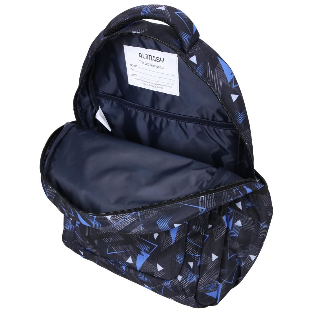 Close-up of Blue Geometric Abstract Large School Backpack Easy clean waterproof lining and durable fabric