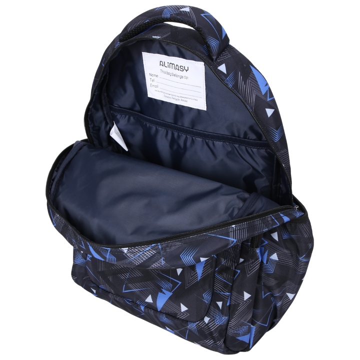 Close-up of Blue Geometric Abstract Large School Backpack Easy clean waterproof lining and durable fabric