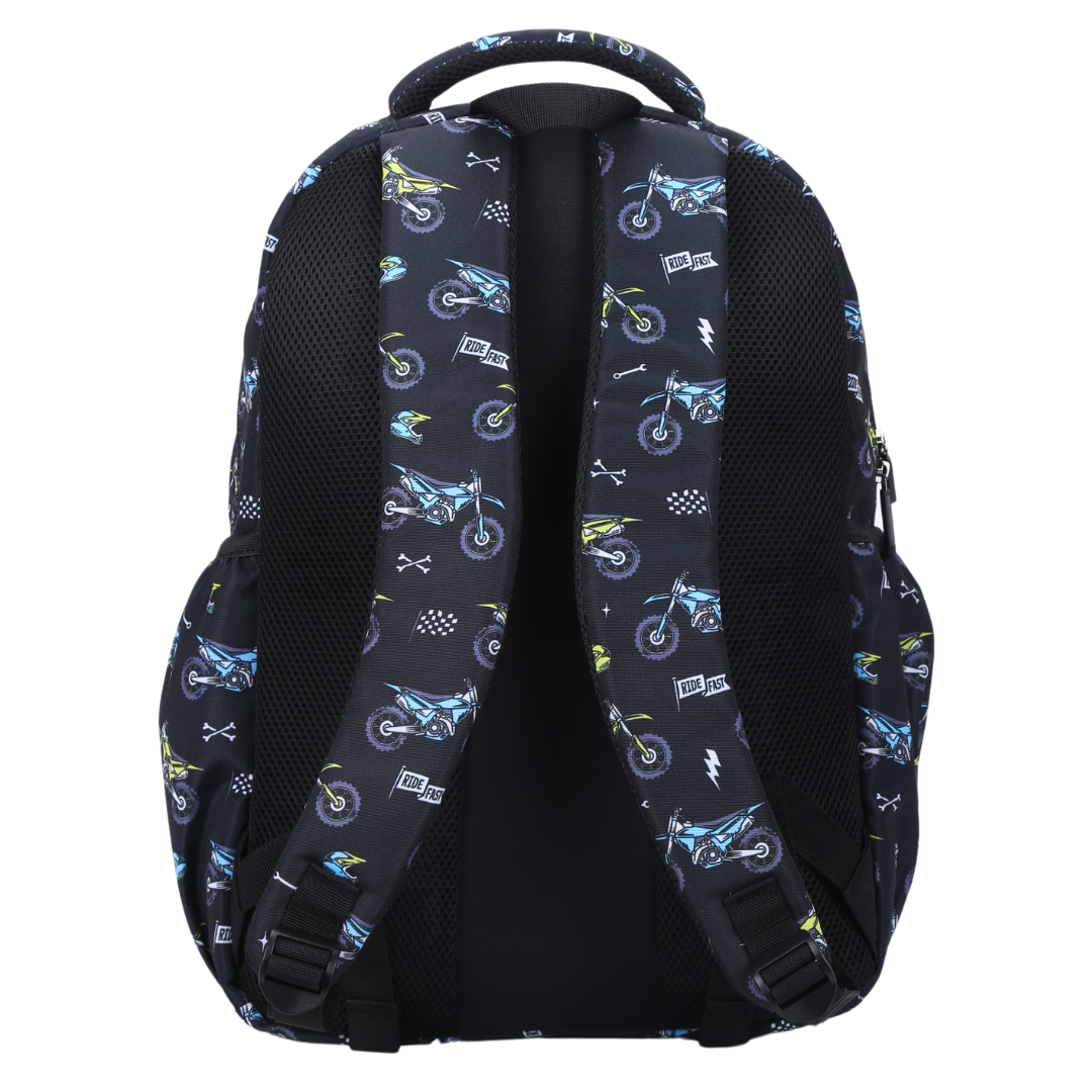 Back view of Motorcross Large School Backpack Padded straps and breathable cushions for comfort