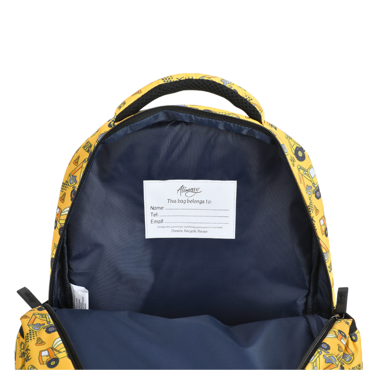 Yellow Construction Midsize Kids Backpack open flat spacious compartments for school supplies